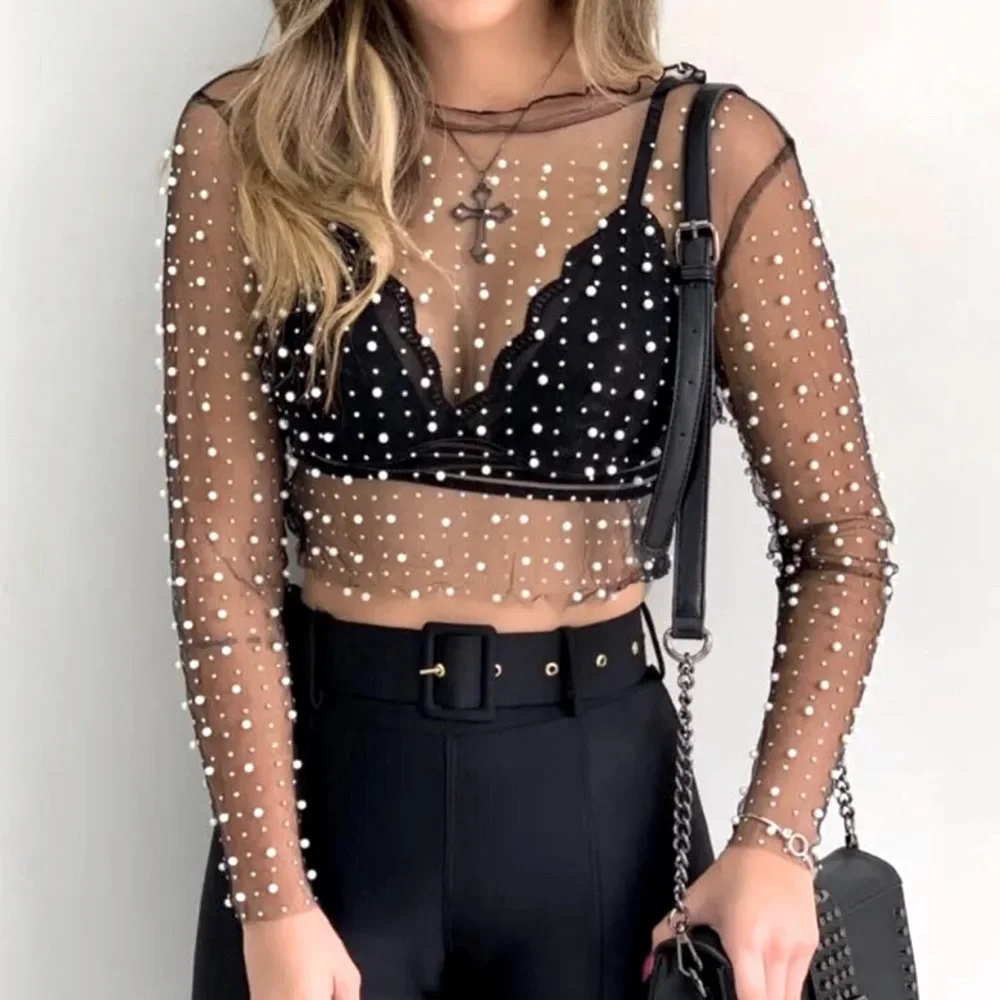 Sheer Black Crop Top with Pearl Detailing Large